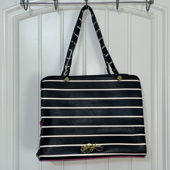 Betsey Johnson Black/White Striped, Pink Bottom, Lg Pink Bow, Tote - Picture 2 of 7